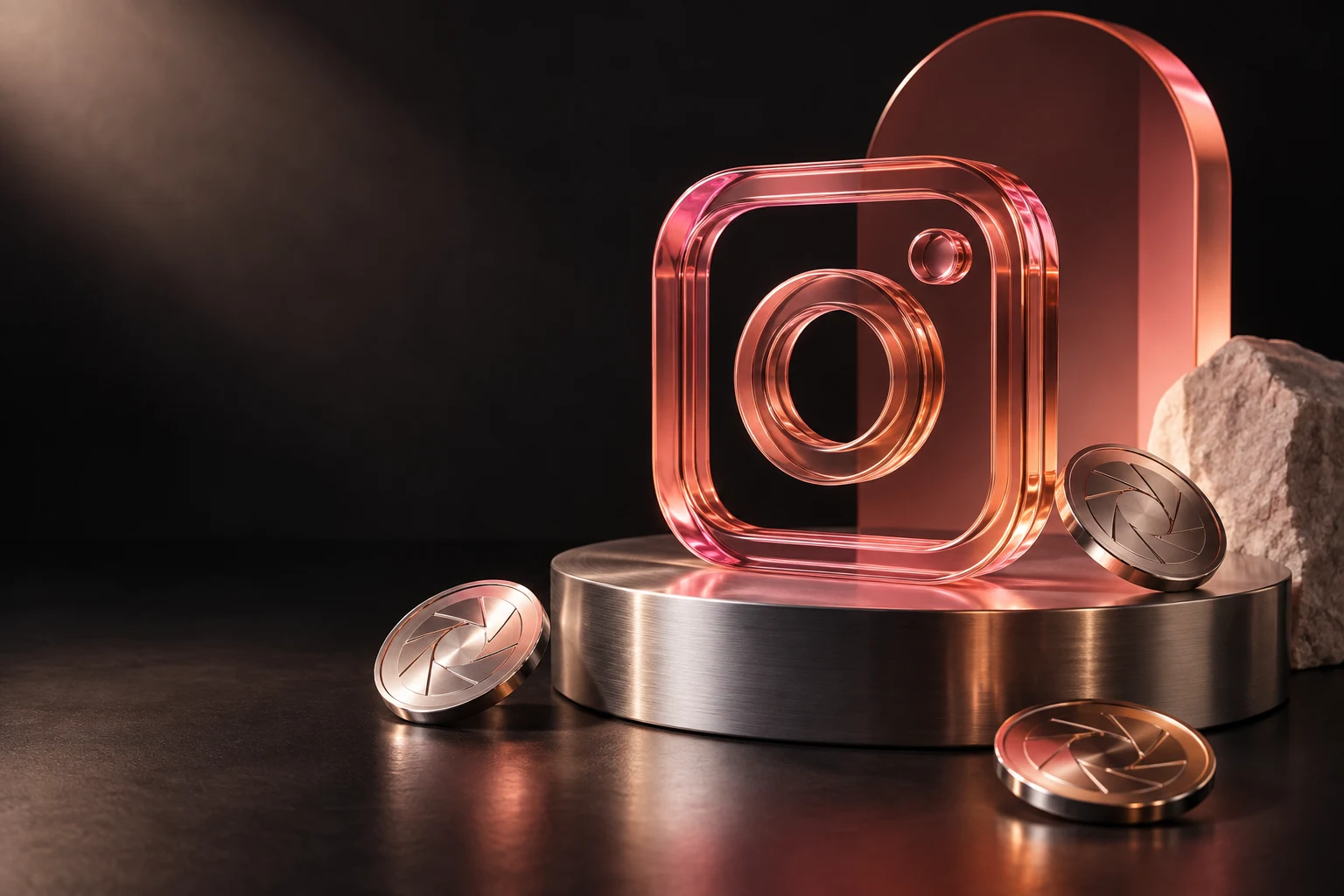 Pink glass Instagram camera sculpture on a silver plinth